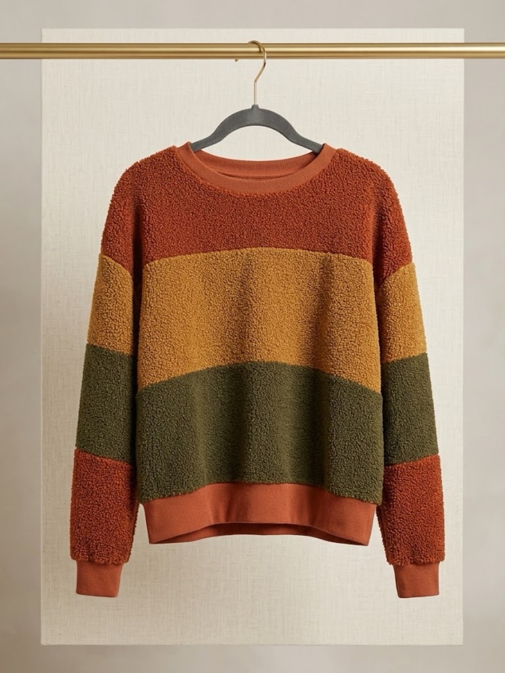 Hem & Thread women’s Colorblock Sherpa Pullover - Rust, Olive, Gold